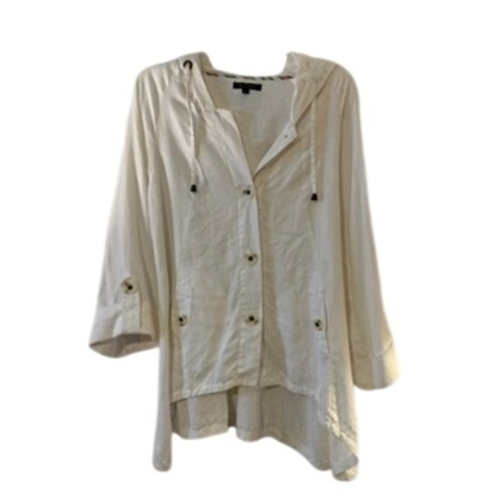 Linen Jacket Lagenlook Hood Button Tunic Small Coastal Asymmetric‎ Minimalist